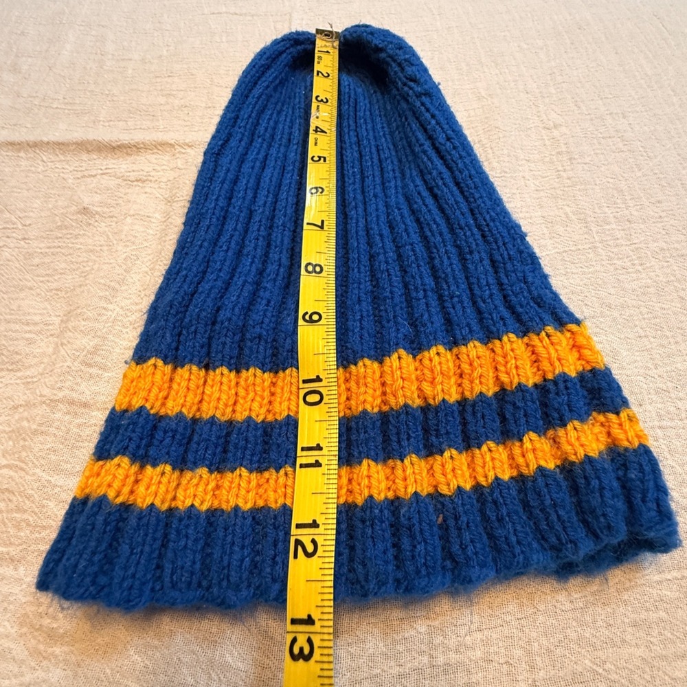 Vintage Knit‎ Beanie Hat Blue Orange Striped Bobble Hat Winter Warm - Picture 6 of 6